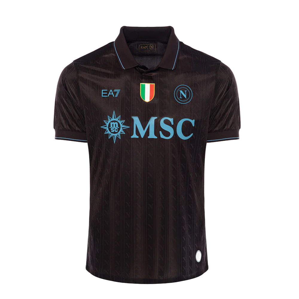 ew | UAE SPORT STORE Black polo jersey with blue branding and light blue MSC logo across chest, Italian flag crest, and circular N Napoli emblem on front.