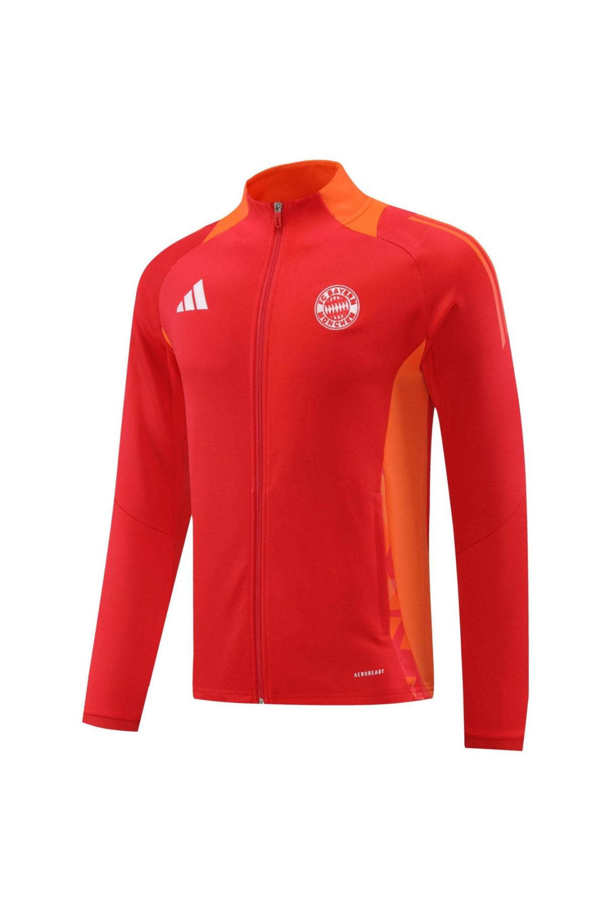 Red athletic jacket with a full front zipper, white Adidas logo on the chest and Bayern Munich crest on the left chest, orange panels along the sides and shoulders.