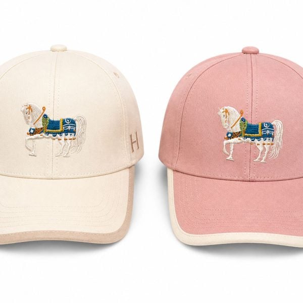 Cream and pink baseball caps with an embroidered white horse and blue saddle on the front panel, side-by-side.