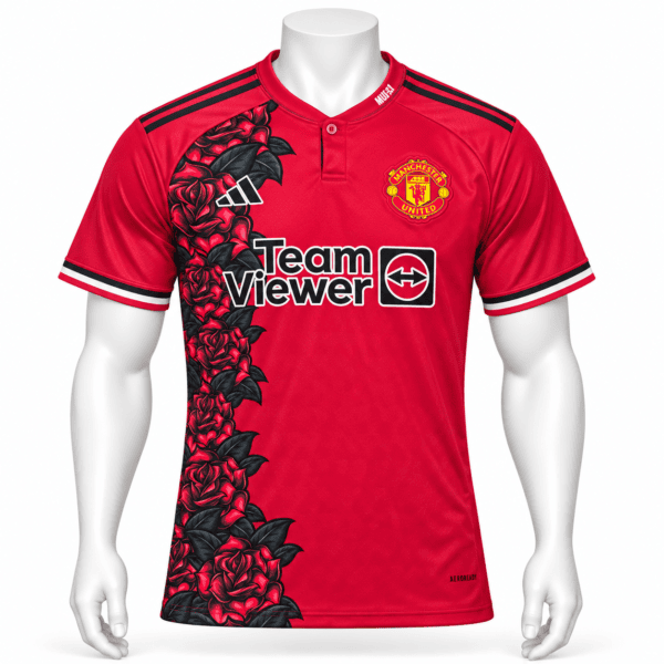 f0f5e082-92e9-422e-abc5-0b3bf8cdebb3 - UAE SPORT STORE Manchester United home jersey 2025/26 with red color and floral design on the left side.