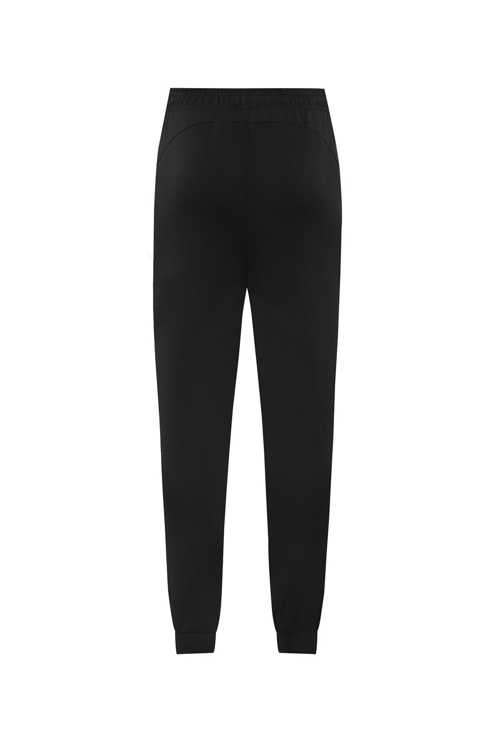 f1205f30 | UAE SPORT STORE Back view of black jogger pants with elastic waistband and cuffs on a plain background, showing curved yoke seams.