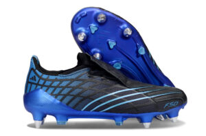 f22b2452-05d1-467f-80ce-c87b2661c74e | UAE SPORT STORE Blue and black soccer cleat with a bright blue studded sole, shown from a side angle to highlight the outsole design (F50).