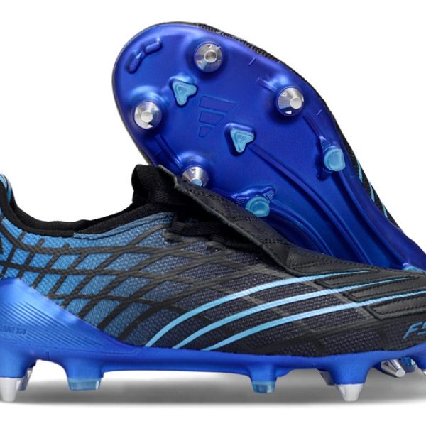 Blue and black soccer cleat with a bright blue studded sole, shown from a side angle to highlight the outsole design (F50).