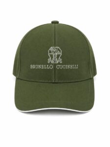 Olive green baseball cap with white embroidered Brunello Cucinelli crest and text on the front.