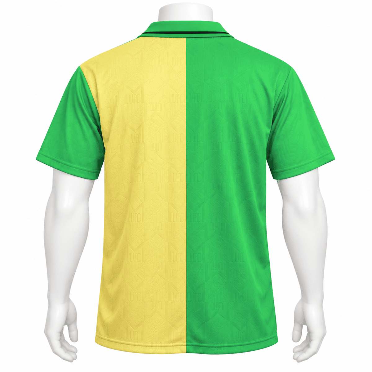 Brazil national team away jersey with yellow and green halves, short sleeves.