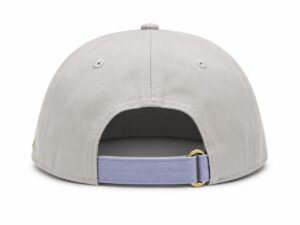 Light gray baseball cap viewed from the back, with an adjustable lavender strap and a gold buckle.