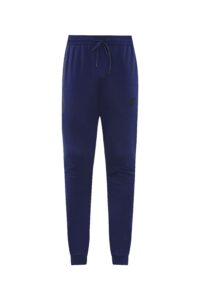 Blue Nike jogger pants with drawstring waistband and side stripe, front view.