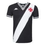 Black Vasco da Gama soccer jersey with a white diagonal sash, white stripes at the collar and sleeves, and a red cross crest on the chest.