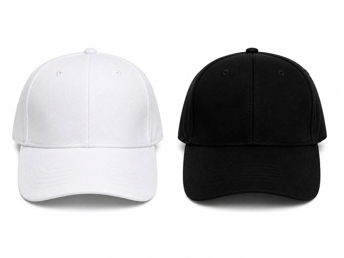White and black baseball caps shown side by side on a white background, front view with curved bills