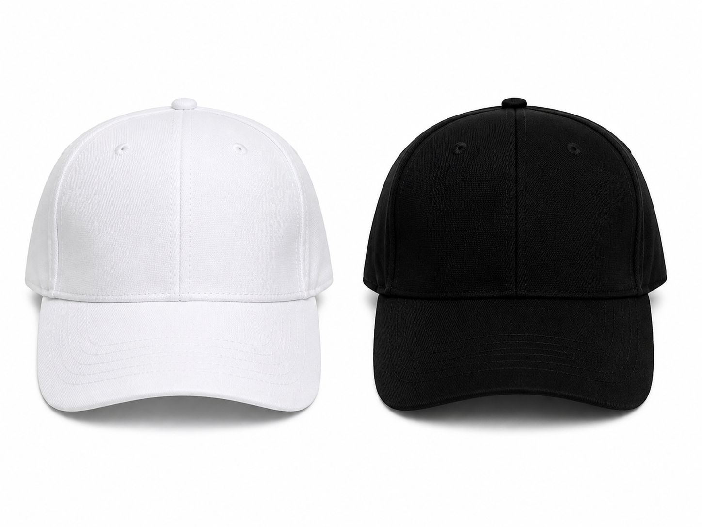 f5282ac0-5dfa-4593-ac15-25e486b1354f | UAE SPORT STORE White and black baseball caps shown side by side on a white background, front view with curved bills