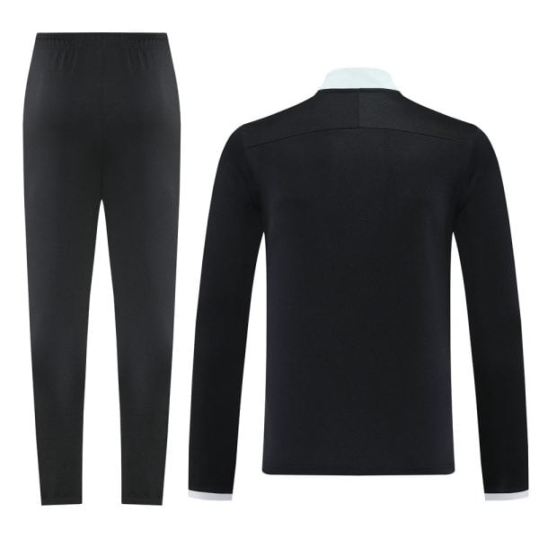 Black athletic tracksuit shown from the back: pants and a long-sleeve jacket with a white collar and white cuff trim