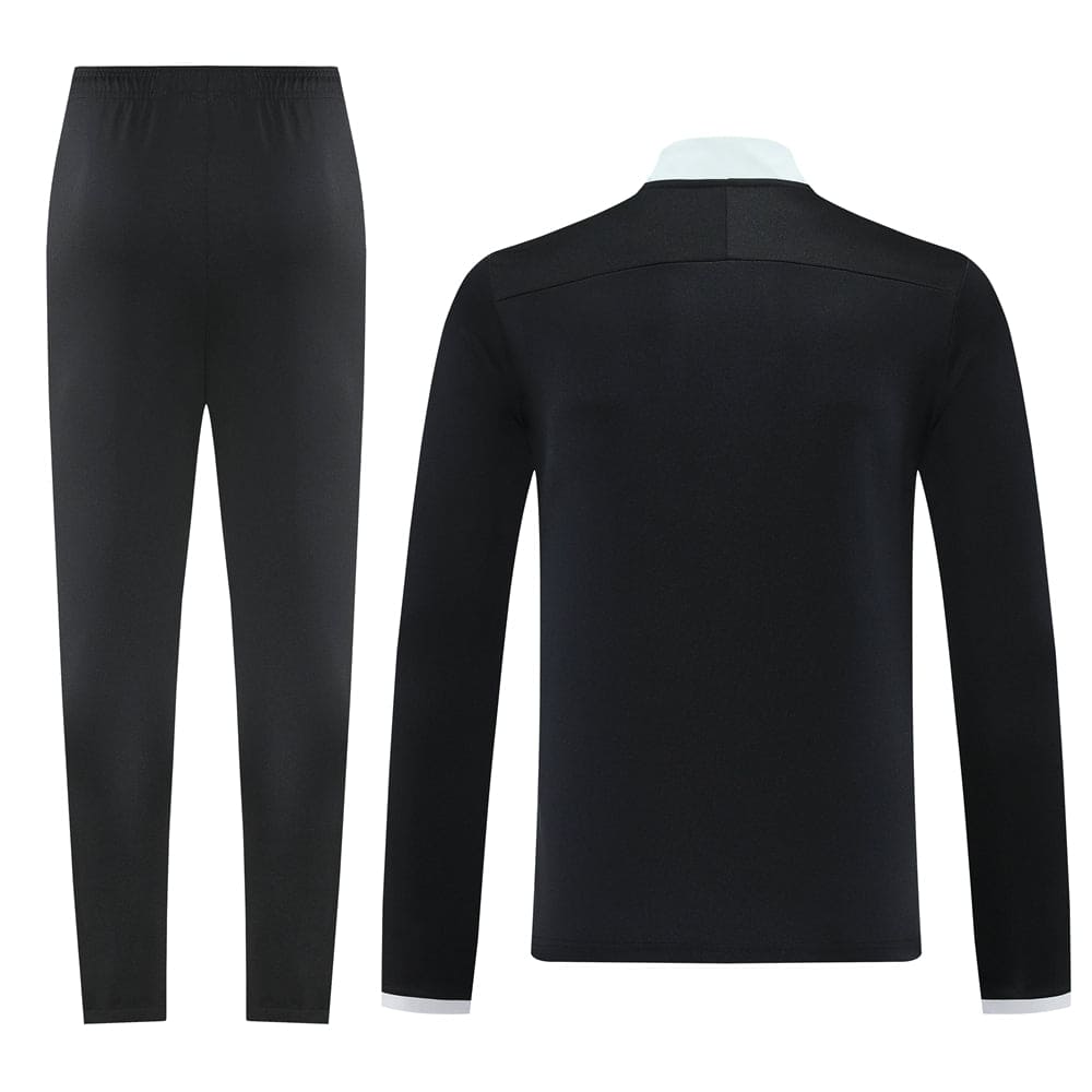 f5c1e680 | UAE SPORT STORE Black athletic tracksuit shown from the back: pants and a long-sleeve jacket with a white collar and white cuff trim