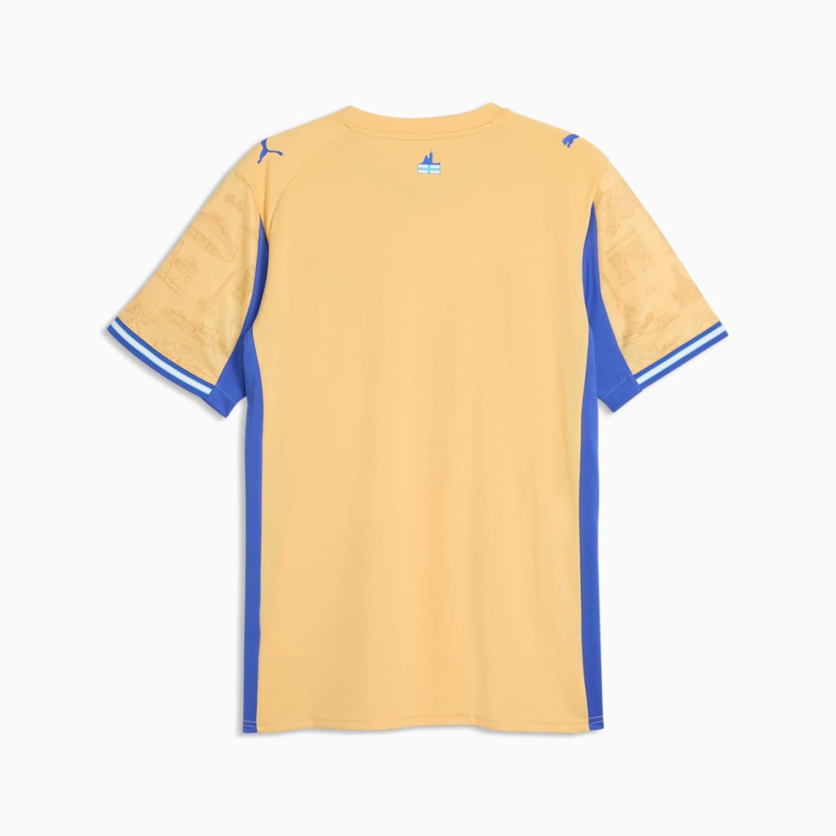 Back view of a yellow soccer jersey with blue side panels and blue-and-white striped sleeve cuffs.