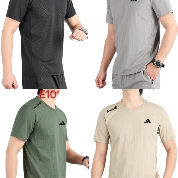 Collage showing four men's Adidas performance T-shirts in black, gray, green, and beige with small Adidas logo on chest.