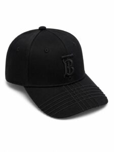 Black baseball cap with a raised embroidered logo on the front panel and a ribbed curved brim.