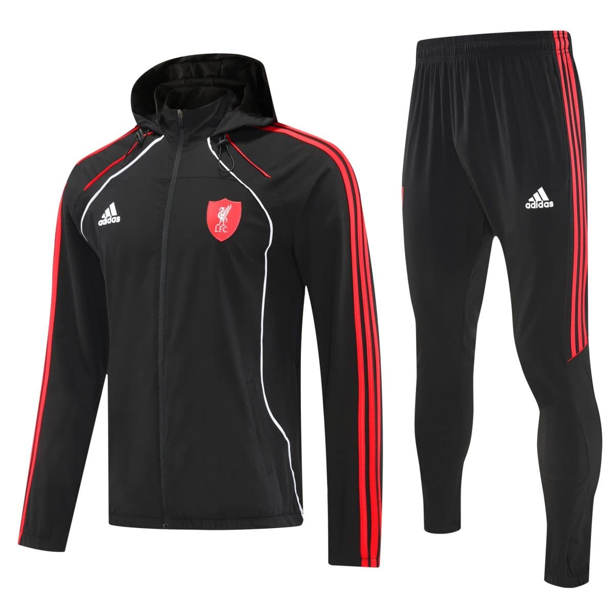 Black Liverpool FC tracksuit jacket with red piping and crest, paired with black pants featuring red Adidas stripes and logo.