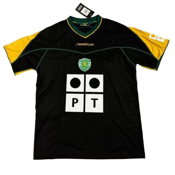 Black and yellow Reebok soccer jersey with Sporting Portugal crest and a square PT sponsor on front.