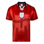 Red England national football team jersey with a crest on the chest and a dark blue/white collar.