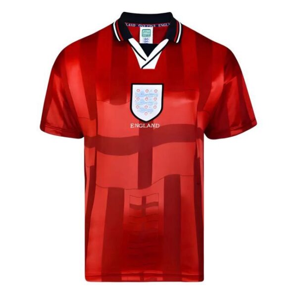 Red England national football team jersey with a crest on the chest and a dark blue/white collar.