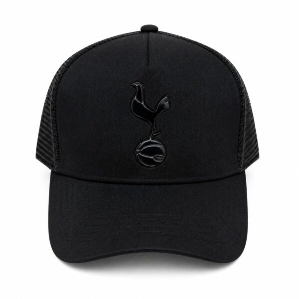Black baseball cap with a glossy black Tottenham Hotspur crest on the front panel and a mesh back.