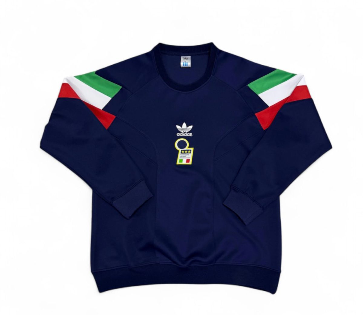 Navy blue Adidas sweatshirt with red, white, and green Italian flag panels on the shoulders and an illustrated tag on the chest.