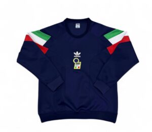 Navy blue Adidas sweatshirt with red, white, and green Italian flag panels on the shoulders and an illustrated tag on the chest.