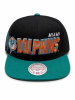 Black Miami Dolphins cap with teal brim, orange-and-teal embroidered team name, and dolphin logo on the side.
