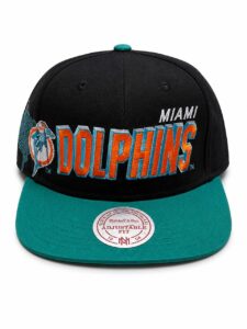 Black Miami Dolphins cap with teal brim, orange-and-teal embroidered team name, and dolphin logo on the side.