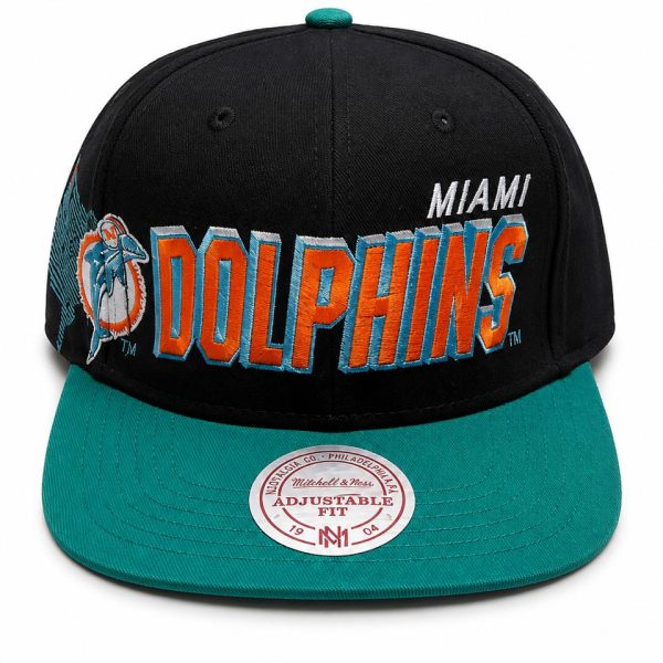 Black Miami Dolphins cap with teal brim, orange-and-teal embroidered team name, and dolphin logo on the side.