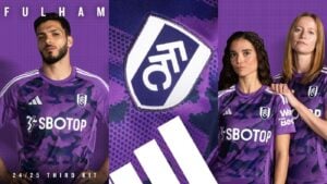 fIgtkWzrn1JbbMX_1 | UAE SPORT STORE Fulham FC 24/25 third kit promo collage with two players in purple camouflage jerseys, SBOTOP sponsor and Adidas logos, center crest close-up.