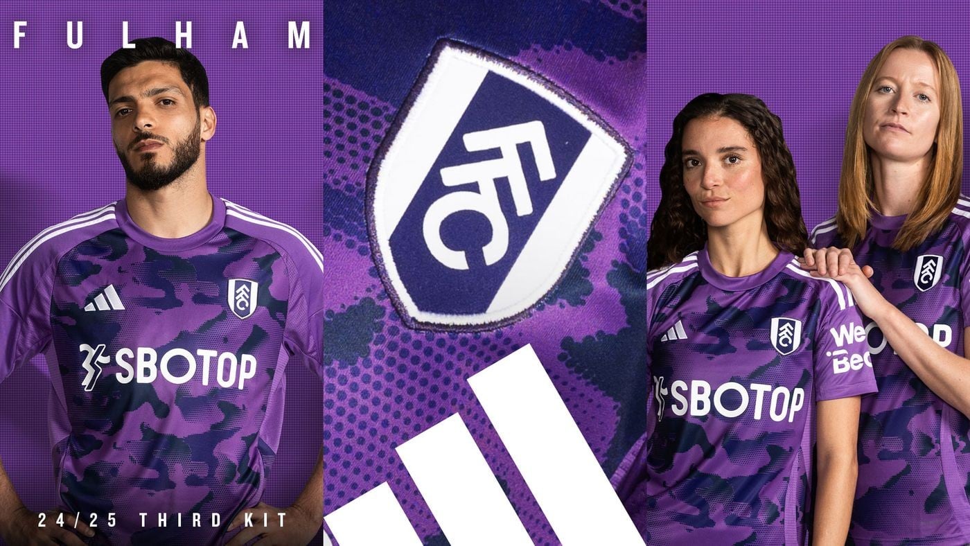 fIgtkWzrn1JbbMX_1 | UAE SPORT STORE Fulham FC 24/25 third kit promo collage with two players in purple camouflage jerseys, SBOTOP sponsor and Adidas logos, center crest close-up.