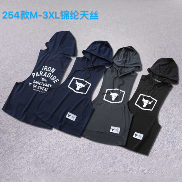 Four sleeveless hoodies in navy to black with white bull skull logo on the chest, laid on a gray surface; leftmost features the text 'IRON PARADISE'.