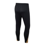 Back view of black athletic joggers with an elastic waistband and tan accent panels at the ankles.