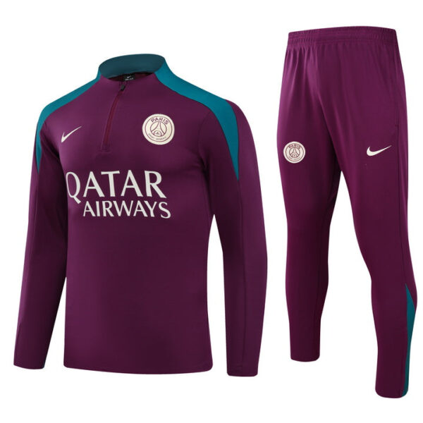 Paris Saint-Germain training kit: purple jersey with teal shoulder panels and matching pants, sponsor ‘Qatar Airways’ visible on the shirt.
