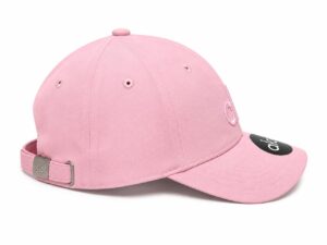 Pink baseball cap with curved brim, an adjustable back strap, and a small circular logo on the front panel.