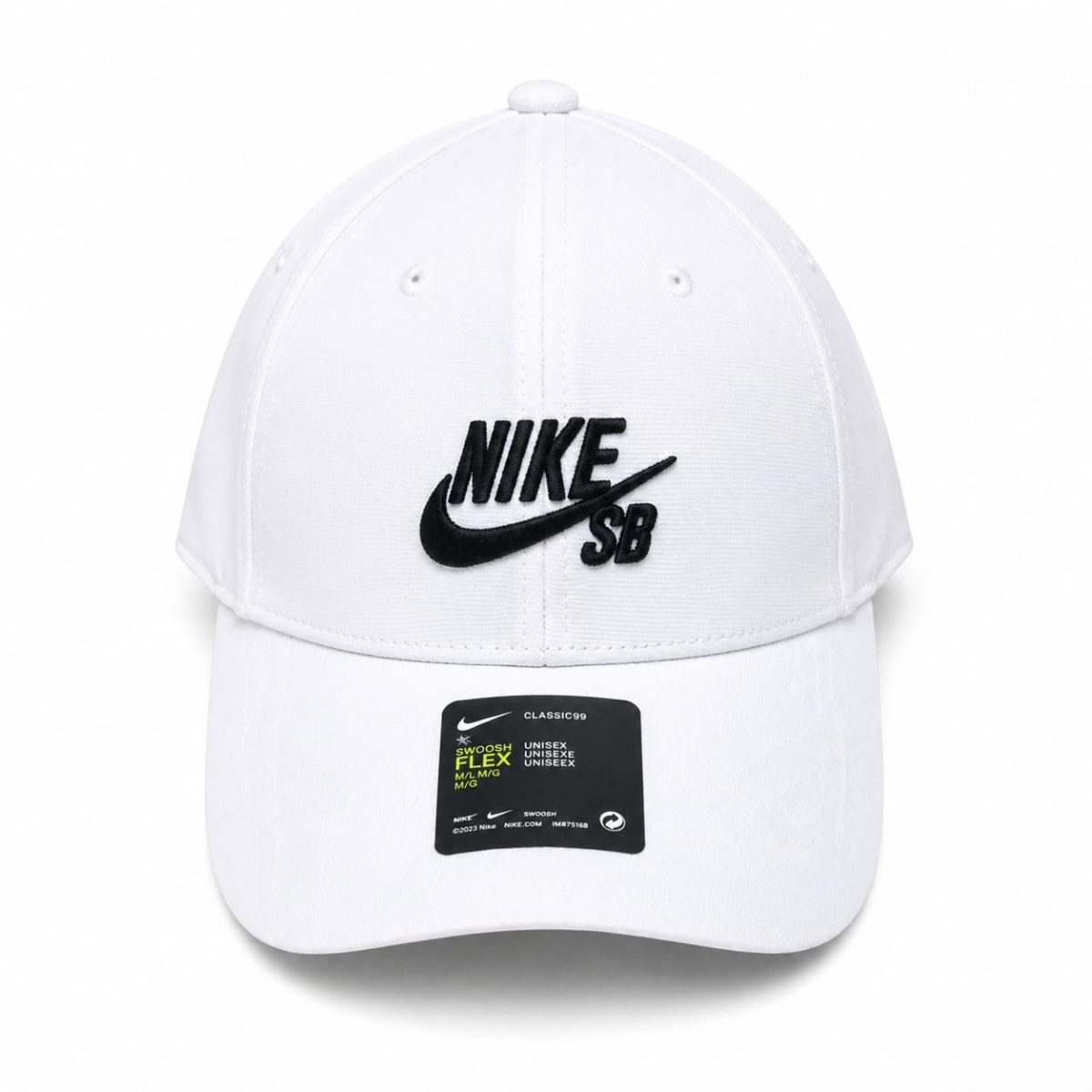 White Nike SB baseball cap with a black embroidered logo on the front and a curved brim.