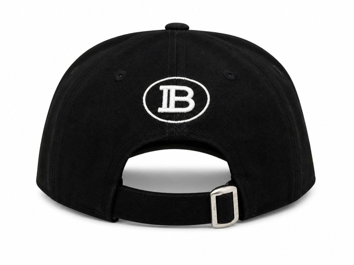 Back view of a black baseball cap with an adjustable strap and a white embroidered 'DB' logo inside an oval on the back panel.