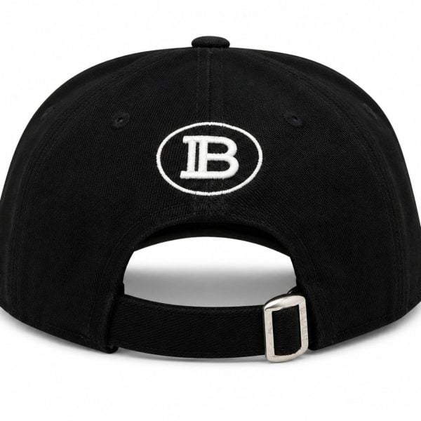 Back view of a black baseball cap with an adjustable strap and a white embroidered 'DB' logo inside an oval on the back panel.