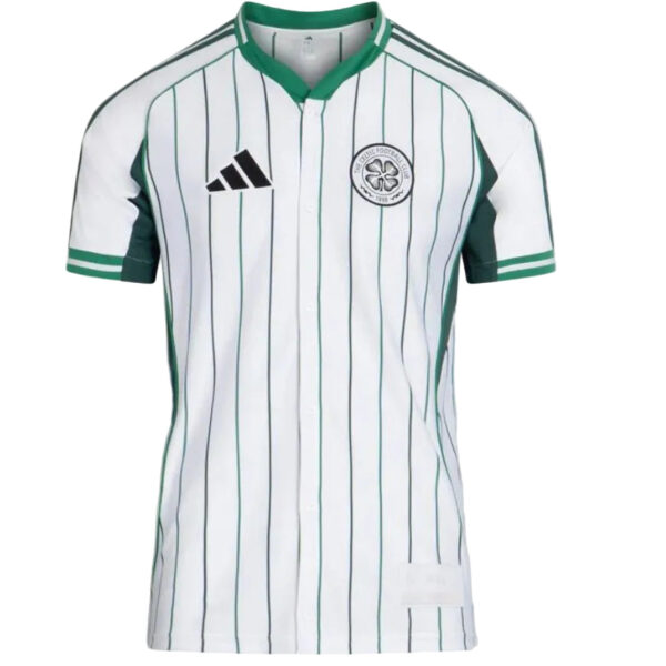 White football jersey with green vertical pinstripes, green collar, and the Adidas logo on the chest beside the club crest on the left.