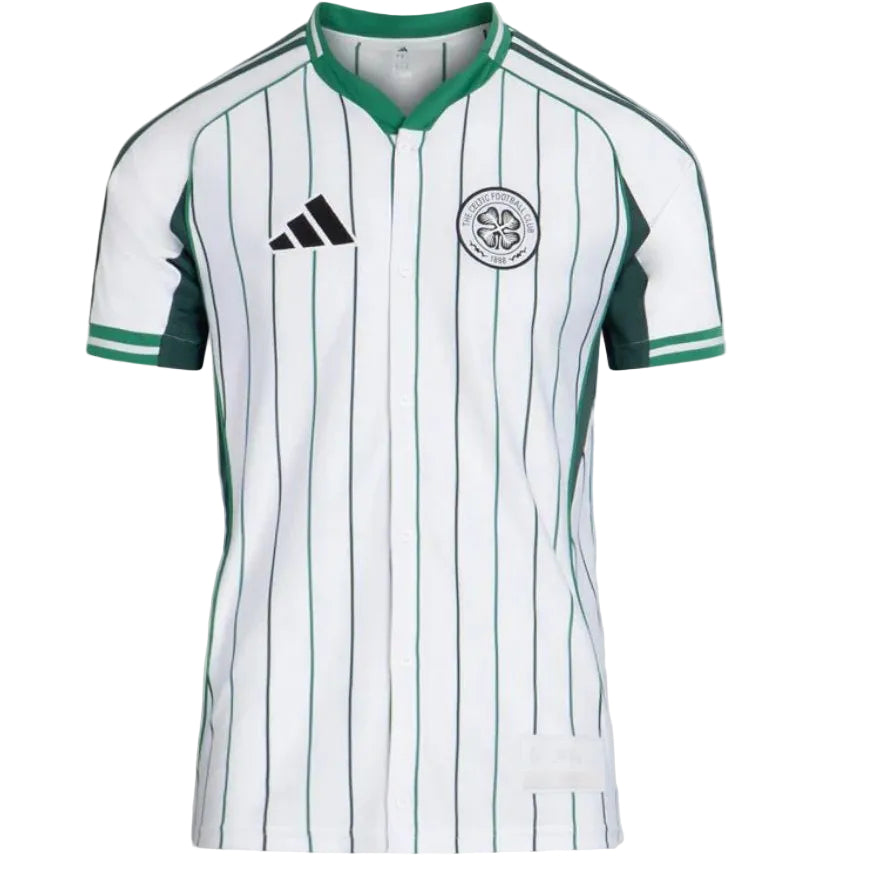 fc72b763-5ada-4978-9c8d-be2fde986bb5 White football jersey with green vertical pinstripes, green collar, and the Adidas logo on the chest beside the club crest on the left.