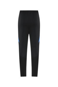 Full-length black athletic pants with blue side panels along the outer thighs and an elastic waistband (running or training leggings).