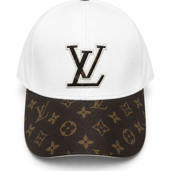 White baseball cap with a prominent Louis Vuitton LV logo on the front and a brown LV-patterned brim.