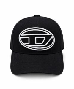 Black baseball cap with a white embroidered oval logo on the front panel; simple, bold design.