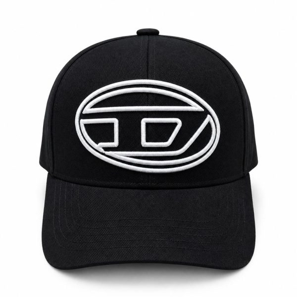 Black baseball cap with a white embroidered oval logo on the front panel; simple, bold design.