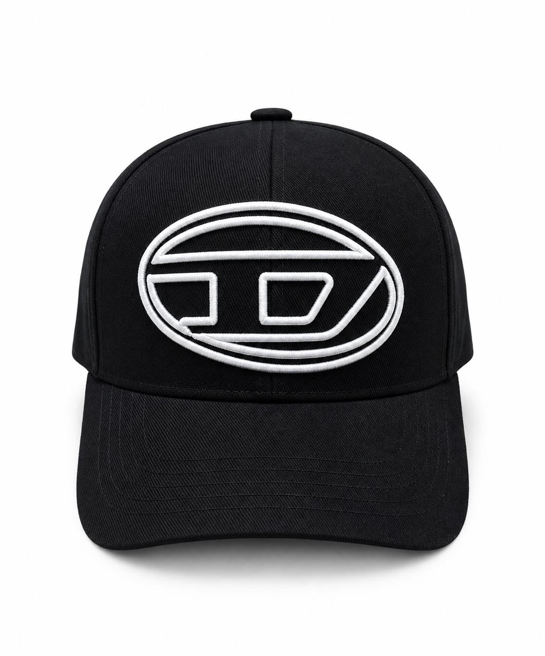 fe646117-4058-46fd-9abd-d39189ce524d Black baseball cap with a white embroidered oval logo on the front panel; simple, bold design.