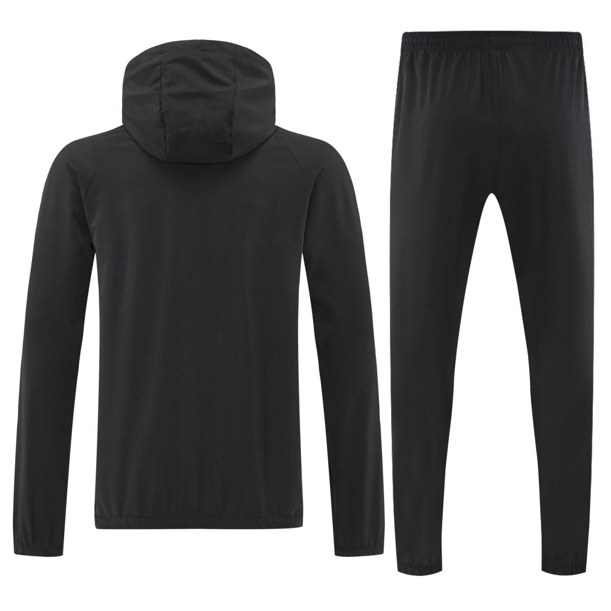 Back view of a black hooded sweatshirt and matching jogger pants set for athletic wear.