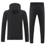 Back view of a black hooded sweatshirt and matching jogger pants set for athletic wear.
