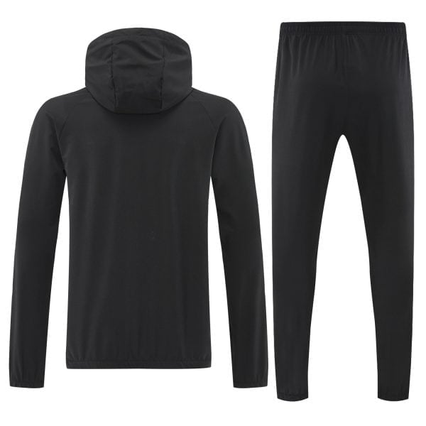 Back view of a black hooded sweatshirt and matching jogger pants set for athletic wear.