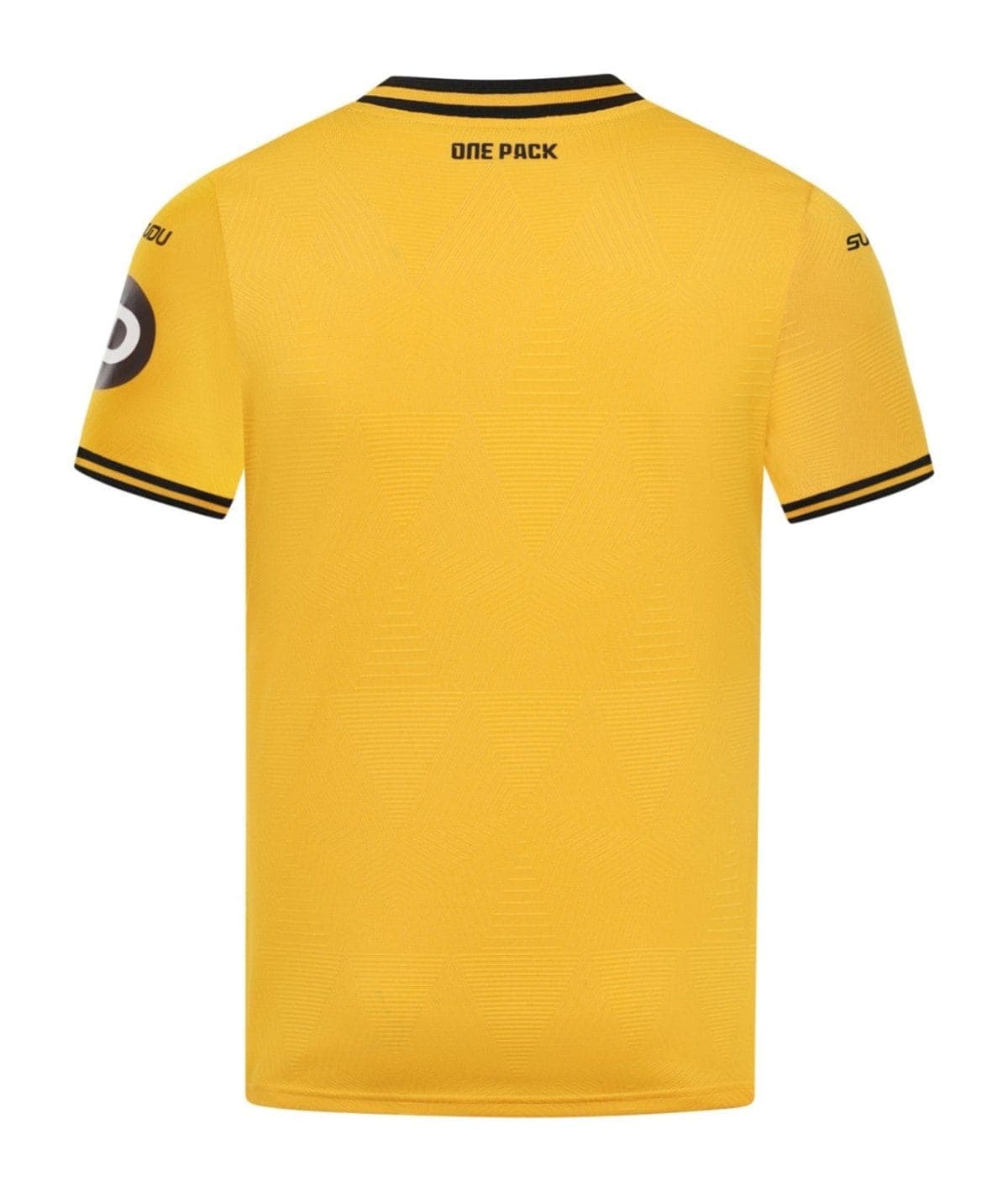 Yellow soccer jersey shown from the back with black striped collar, small 'ONE PACK' text at the neck, and black trim on sleeves.