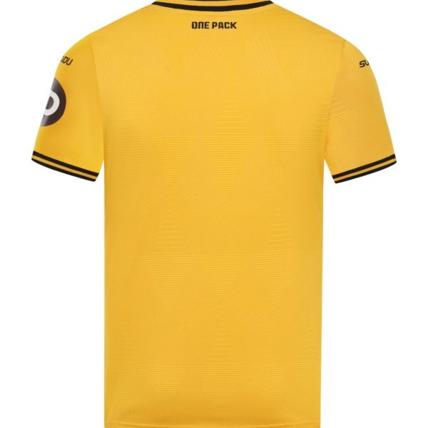 Yellow soccer jersey shown from the back with black striped collar, small 'ONE PACK' text at the neck, and black trim on sleeves.